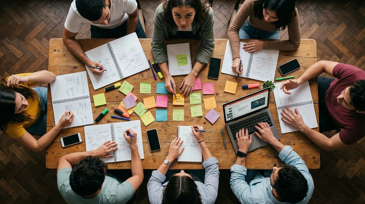eam, workshop, office, collaboration, sticky notes, planning, strategy, brainstorming, table, overhead, people, working, laptop, notebooks, creativity, business, meeting, together, analysis, group, ai generated. A 90-day plan to set up marketing operations in the right order