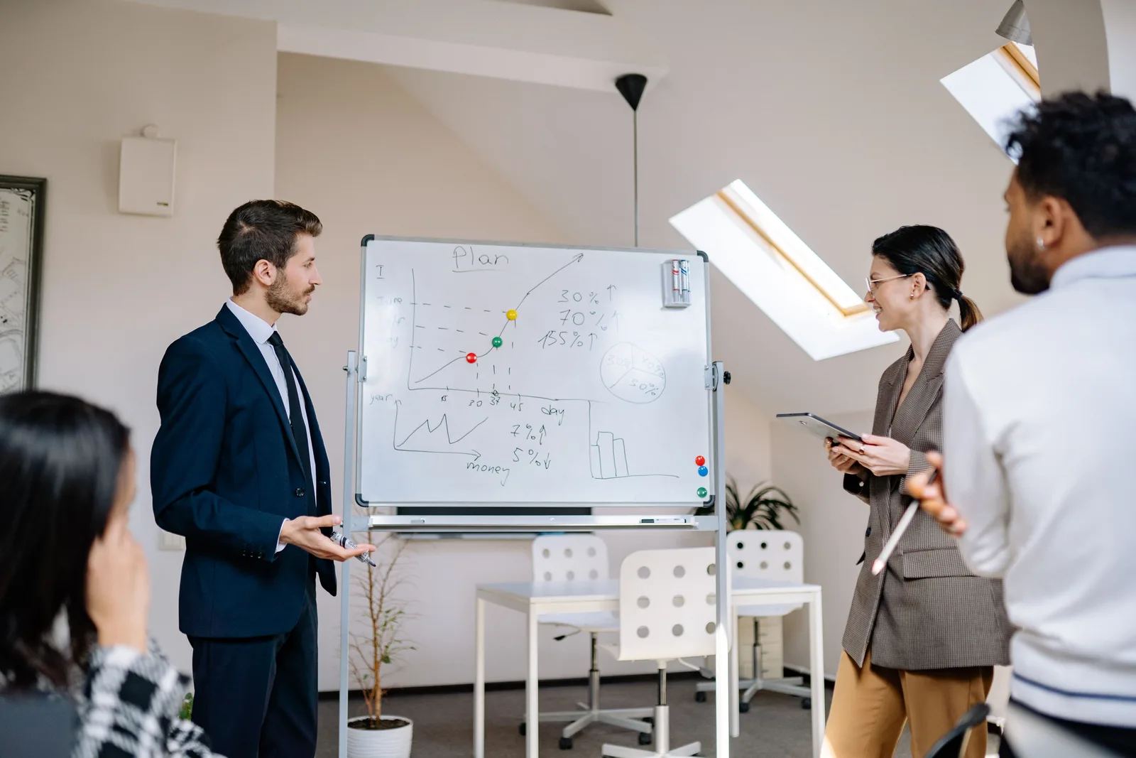Colleagues collaborating at a business meeting, analyzing graphs on a whiteboard. Reading marketing resource management trends with a cool head