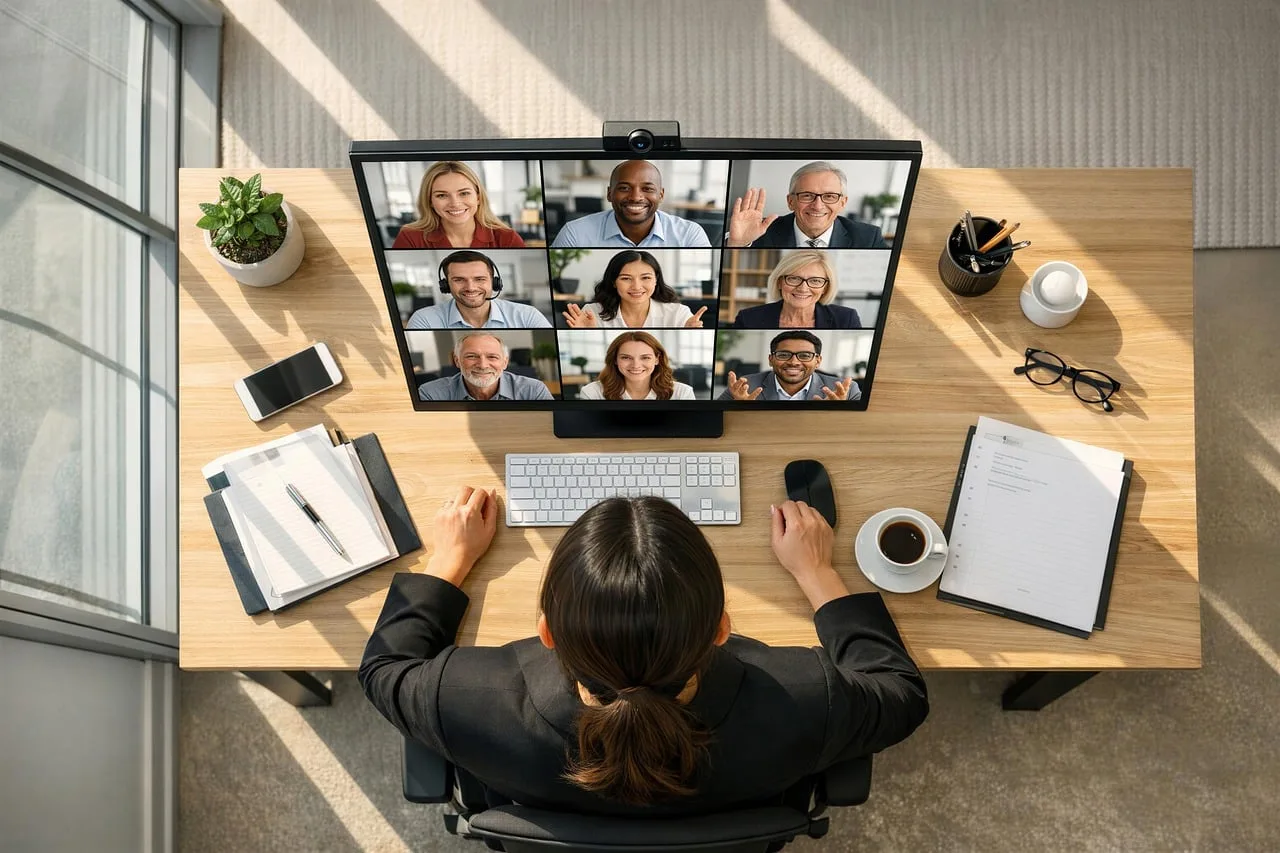 video conference, home office, desk, computer monitor, video call, employee, office work, laptop, coffee cup, potted plant, telephone, internet connection, technology, communication, business, remote work, office equipment, workspace, office environment, meeting, online service. Marketing workflow automation for US teams: what to automate first
