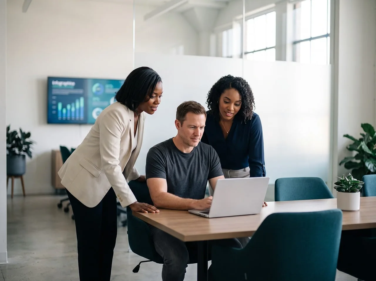 office, collaboration, meeting, diversity, laptop, professionals, teamwork, computer, modern, colleagues, workplace, technology, company, strategy, discussion, communication, career, men and women, leadership, conference room. Martech strategy in practice, not on slides