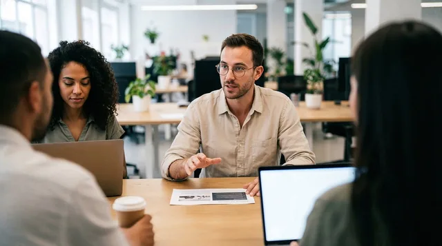 office, business, team, meeting, discussion, collaboration, colleagues, working, diverse, modern, laptops, desk, communication, teamwork, professionals, brainstorming, company, workspace, productive, together, ai generated. Workflow automation ROI: how US marketing ops teams measure it
