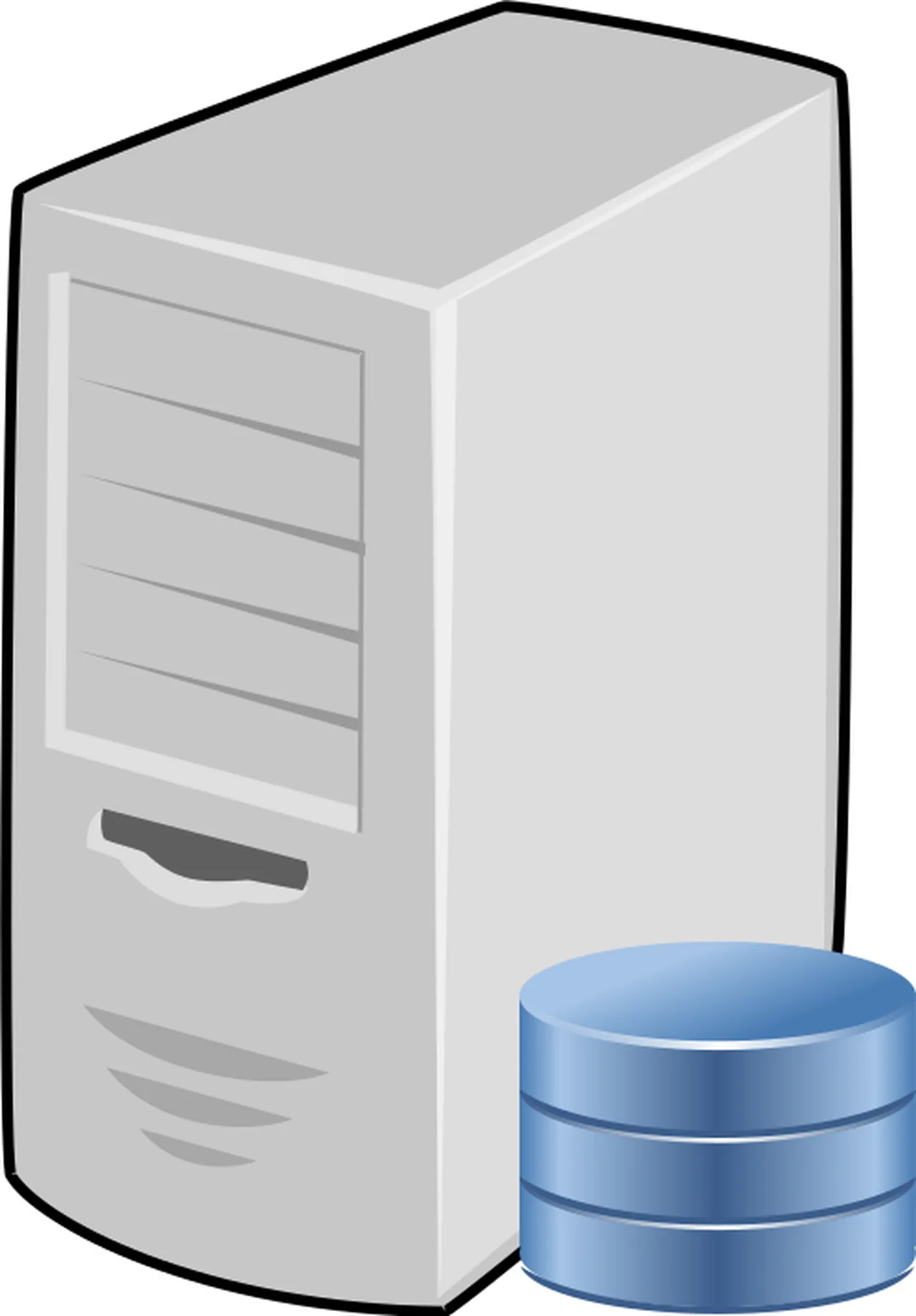 A gray database server tower beside a blue stacked-disk database symbol.